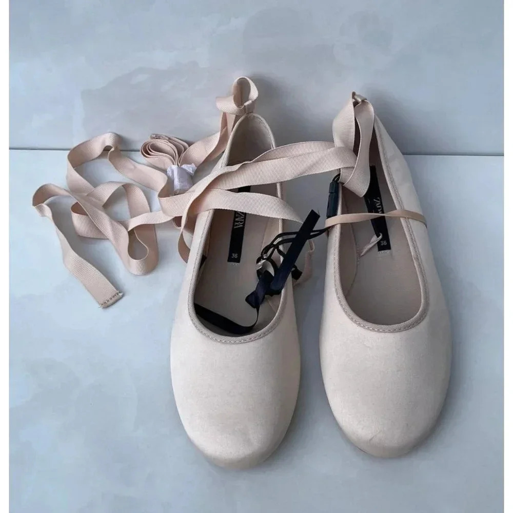 Zara Womens Strappy Pointed Ballerina Ballet Flat Dance Shoes Beige Sz 36